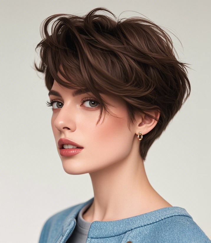 Rich Dark-Brown Textured Long Pixie Cut