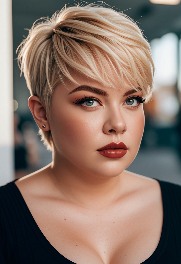 Minimalist blonde long pixie cut for chubby face