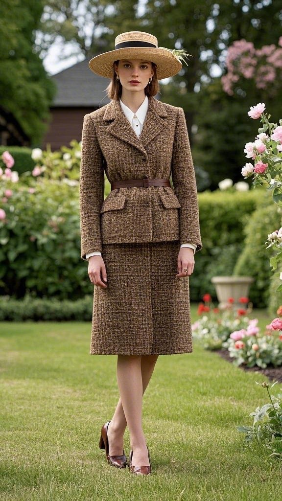 Brown Tweed Skirt Suit with Straw Hat