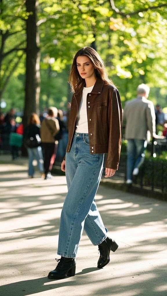 Brown Leather Jacket with White T - Shirt and Cropped Jeans and Ankle Boots