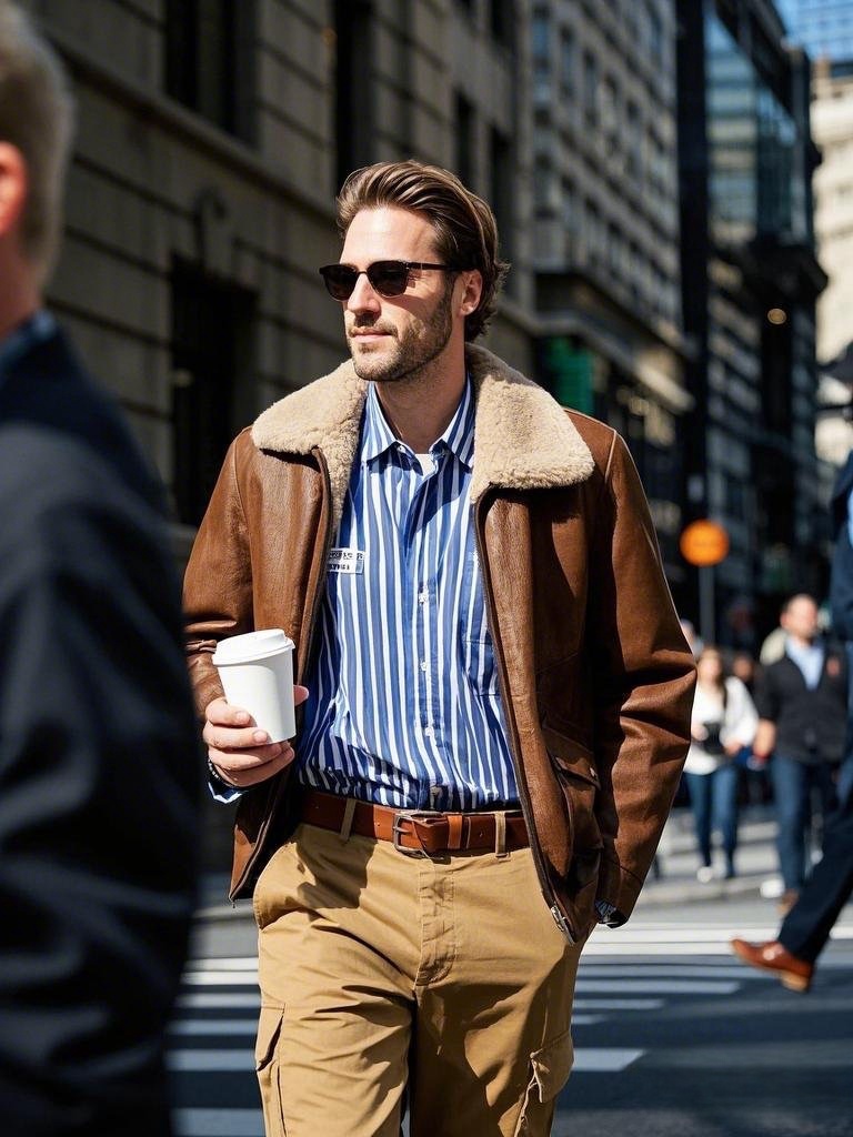 Man wearing a brown leather jacket with a shearling collar and khaki cargo pants for business - casual city outings