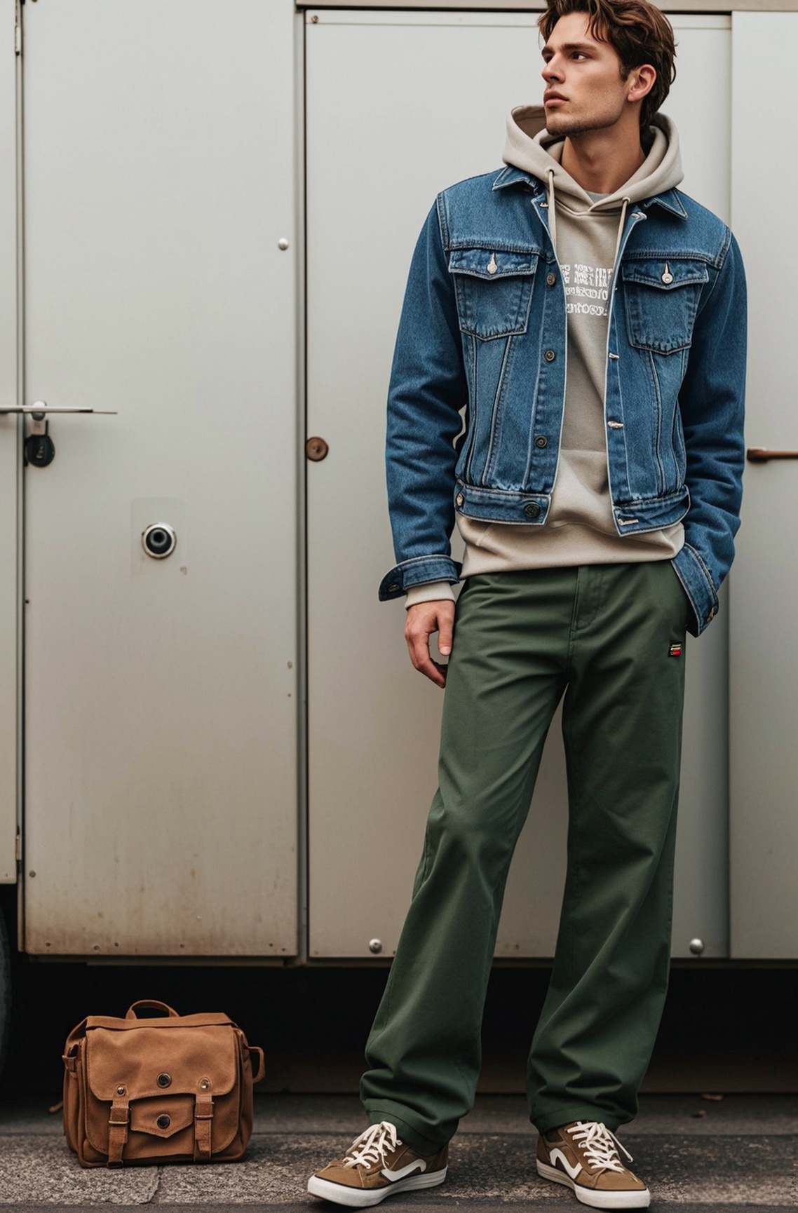 Man wearing classic blue denim jacket over a light brown text-printed hoodie