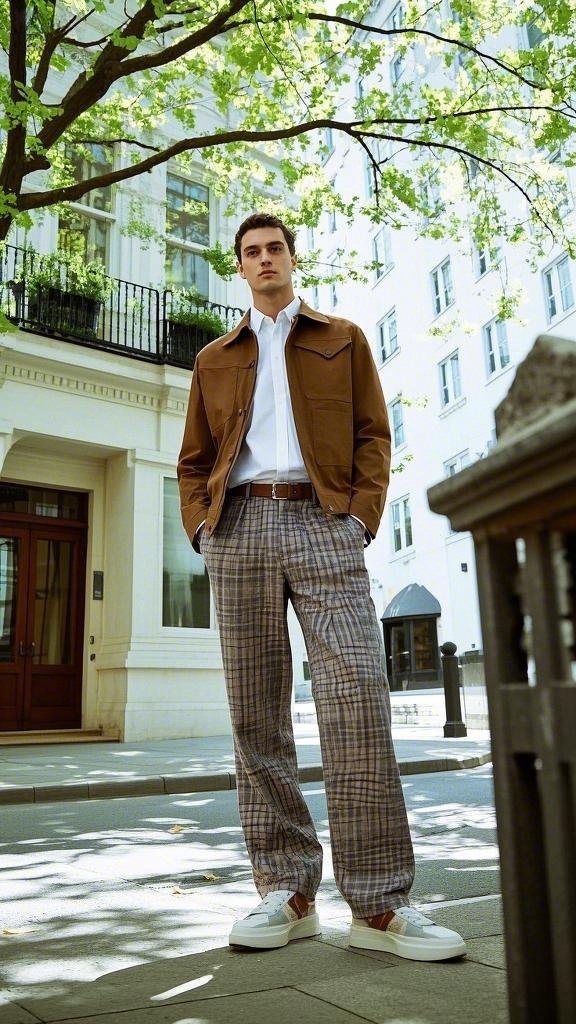 White dress shirt with checkered trousers and chunky sneakers