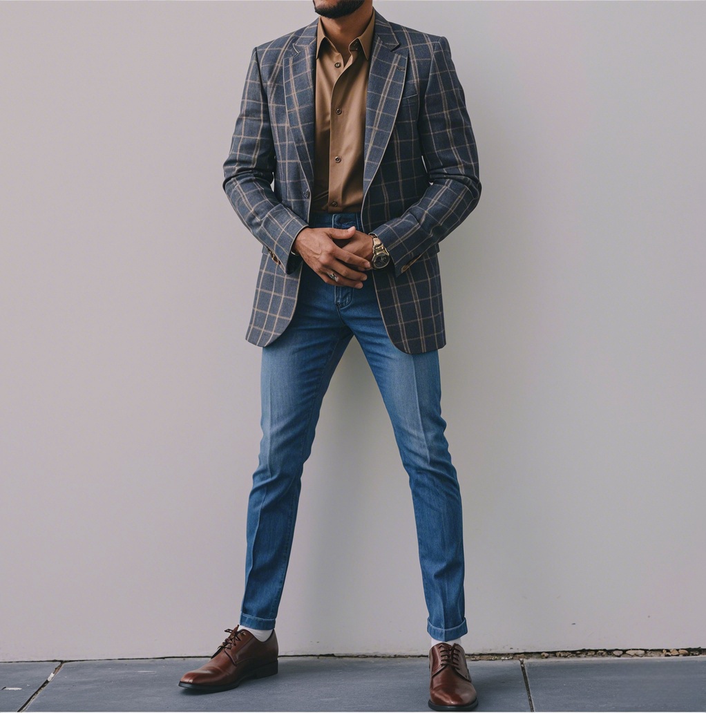 Man wearing blue-and-brown checkered blazer with tan button-up shirt and light blue cuffed jeans