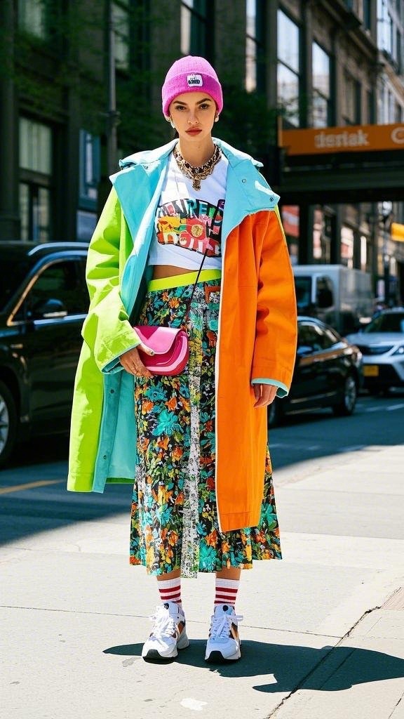 High-waisted floral midi skirt with color-blocked jacket and sneakers
