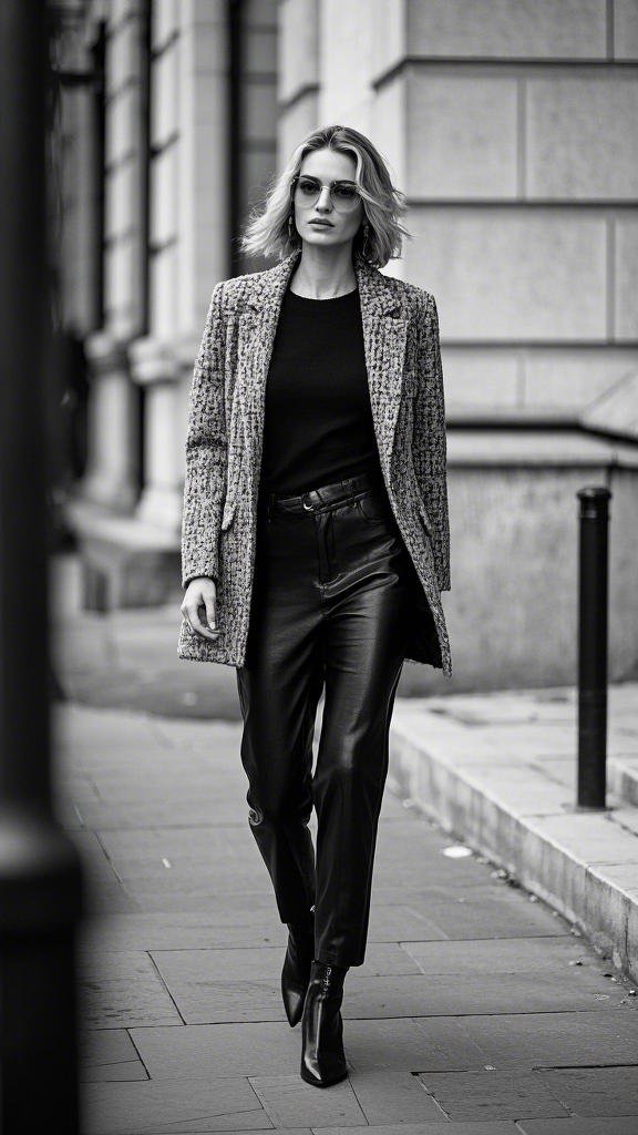 Tweed - like Coat with Black Top and Leather Pants