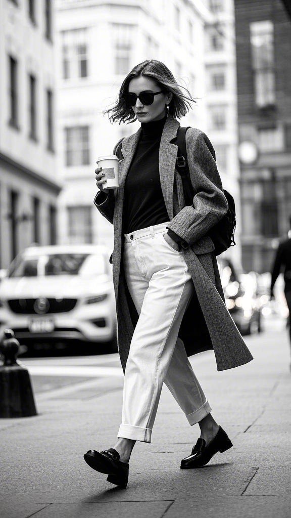 Long Gray Wool Coat and Black Turtleneck with White Cuffed Trousers and Black Loafers