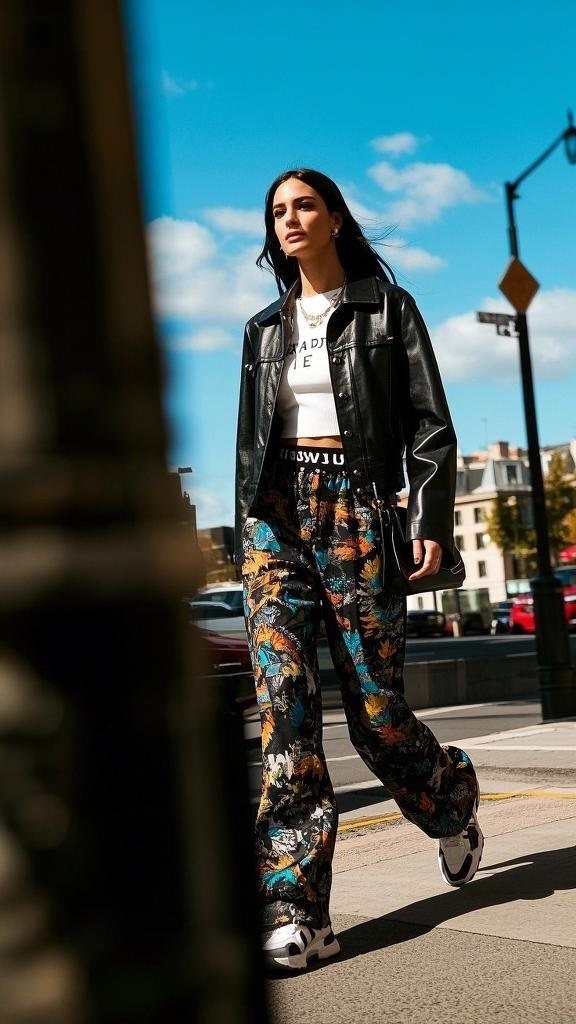 Black Leather Jacket with White Cropped Printed Top and Floral Pants