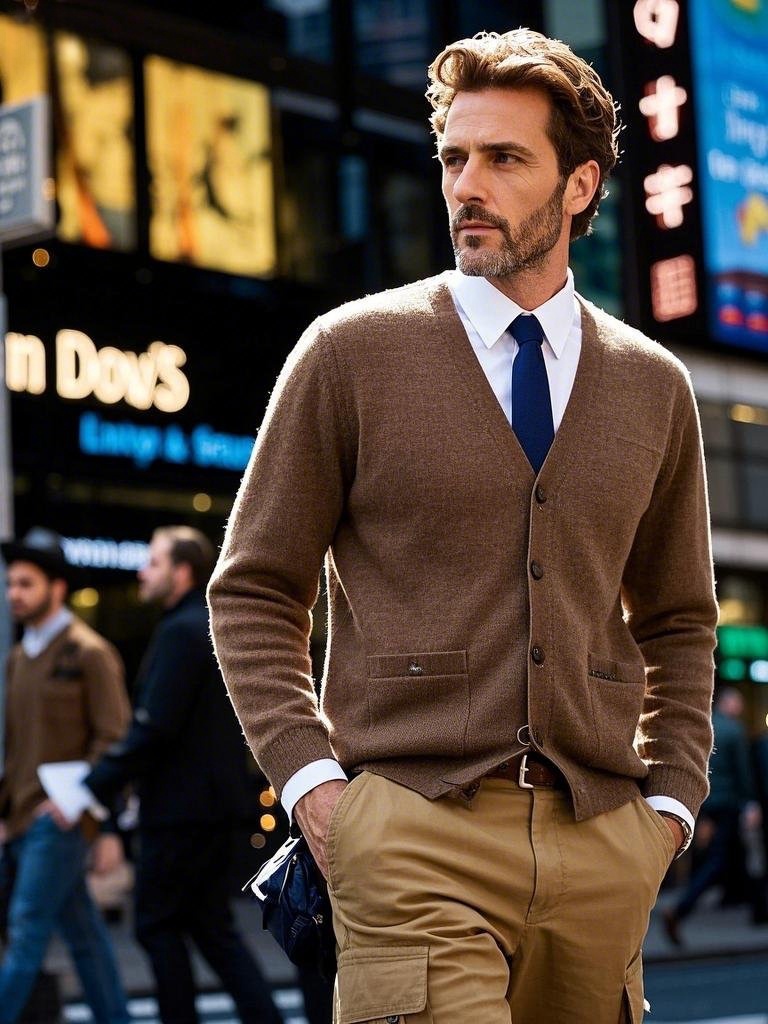 Man wearing a light brown cardigan, white shirt, and khaki cargo pants for business - casual occasions