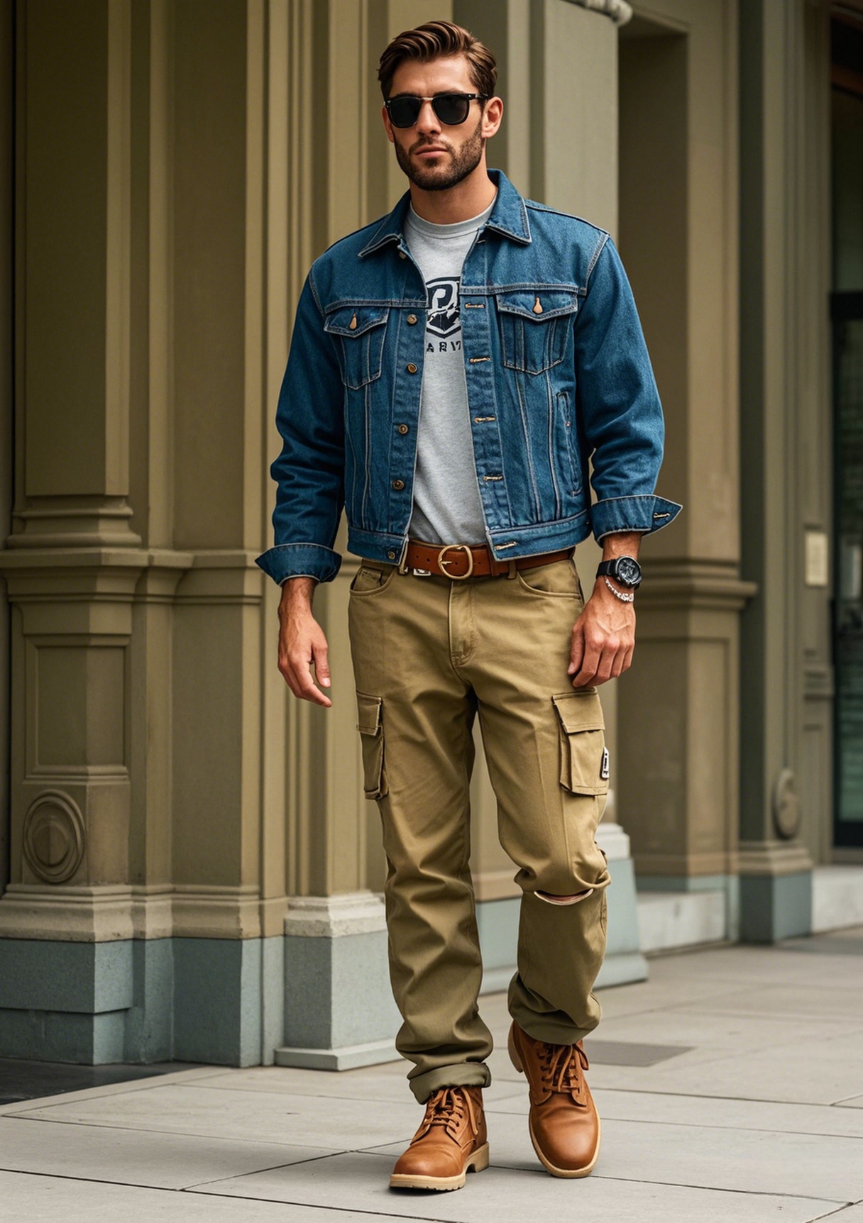 Man in blue denim jacket over gray graphic t-shirt and khaki cargo pants