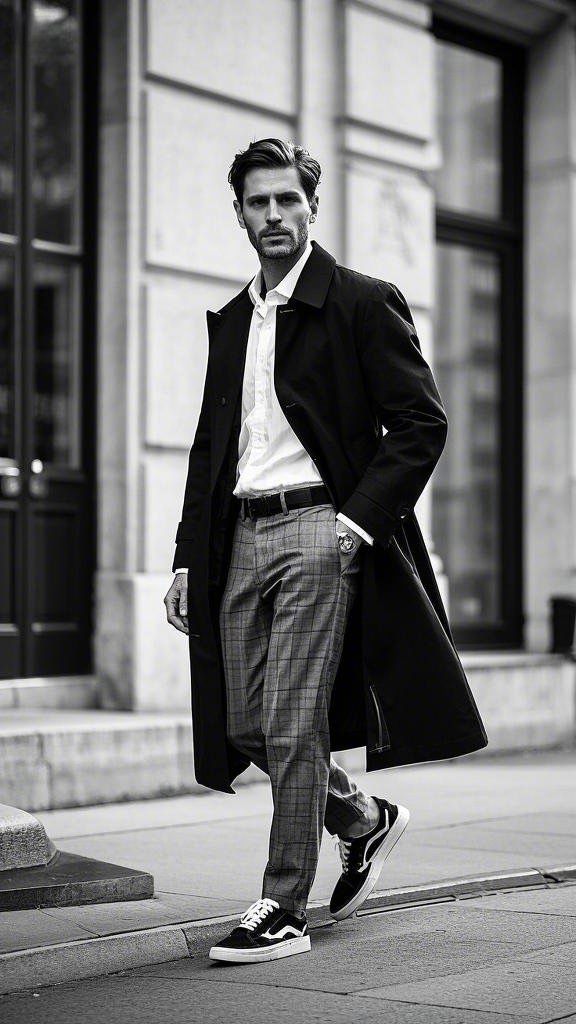 Black knee-length coat with light grey plaid trousers and sneakers