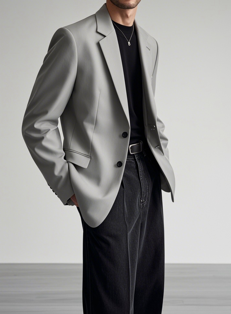Man wearing light grey single-breasted blazer with black crew-neck T-shirt and black trousers