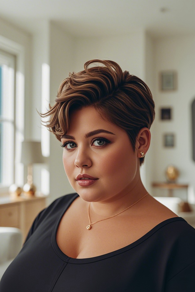 Textured and spiky long pixie cut for chubby face