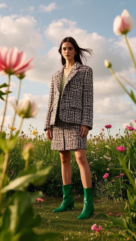 Neutral Tweed Skirt Suit with Green Ankle Boots