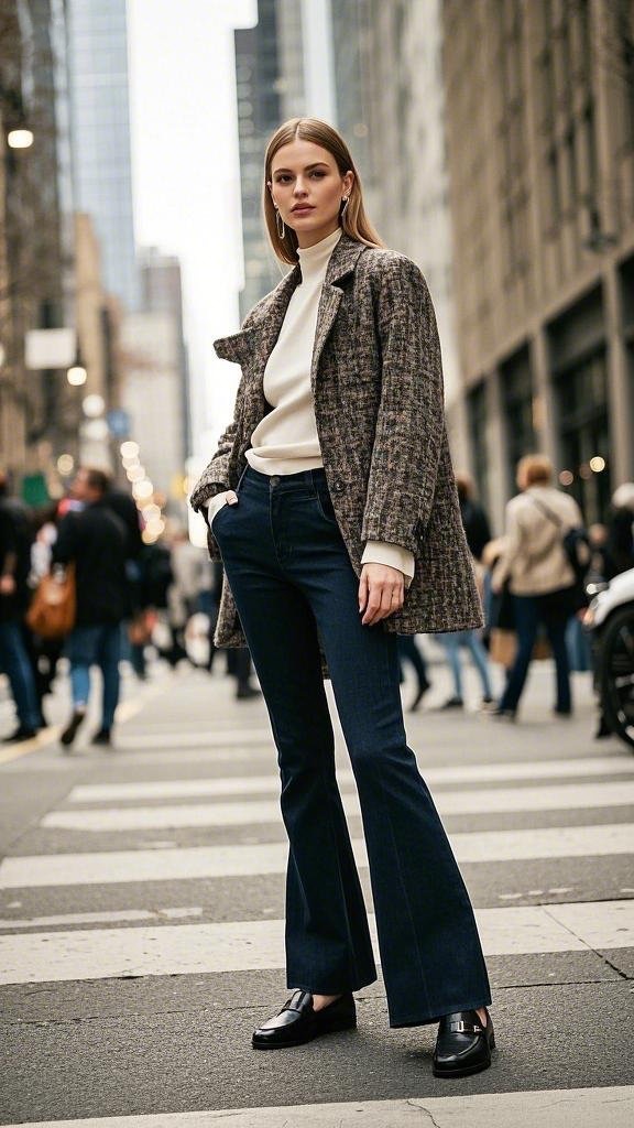 Dark Blue Flared Jeans and Metallic Black Loafers with Tweed - like Coat