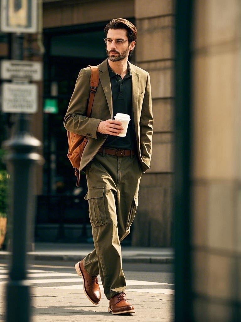 Man wearing a dark green polo shirt, olive green cargo pants, and a light brown blazer for city outings