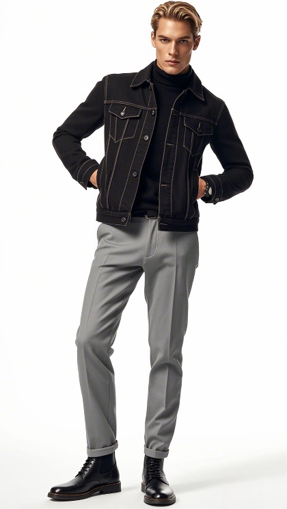 Man wearing black denim jacket with white stitching and black turtleneck sweater