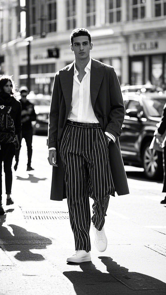 Long dark coat with wide-legged pinstriped pants and white sneakers