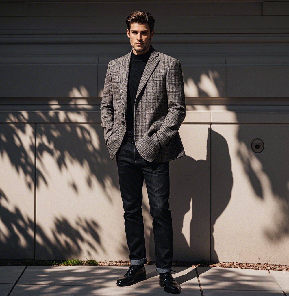 Man wearing grey checkered blazer with black turtleneck sweater and dark blue cuffed jeans