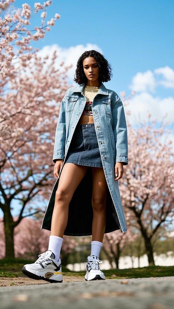 Long light-blue denim jacket with denim mini skirt and sneakers