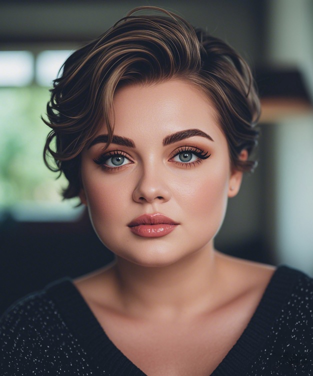 Wavy medium-brown long pixie cut for chubby face