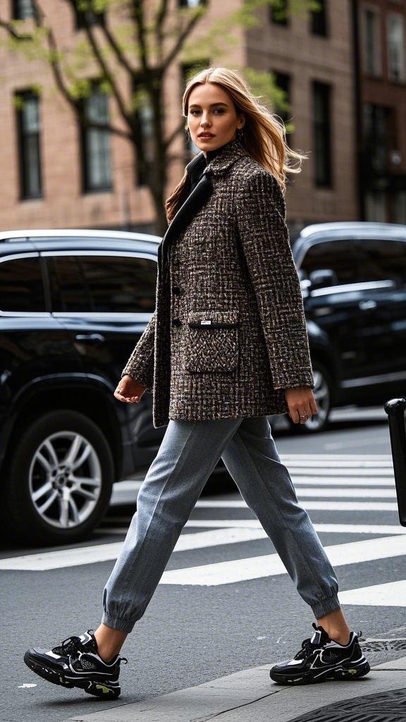 Tweed - like Coat with Jogger Pants and Neon - Accented Sneakers