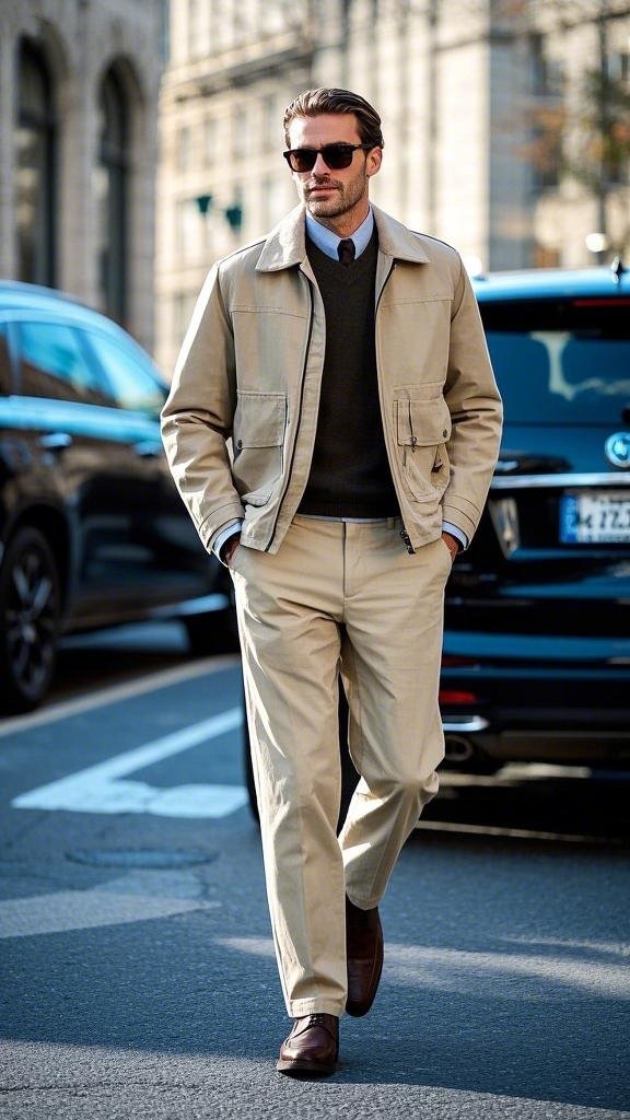 Man wearing beige chinos with a field jacket and sweater in winter