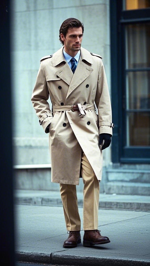 Man wearing a classic beige trench coat and beige chinos in winter