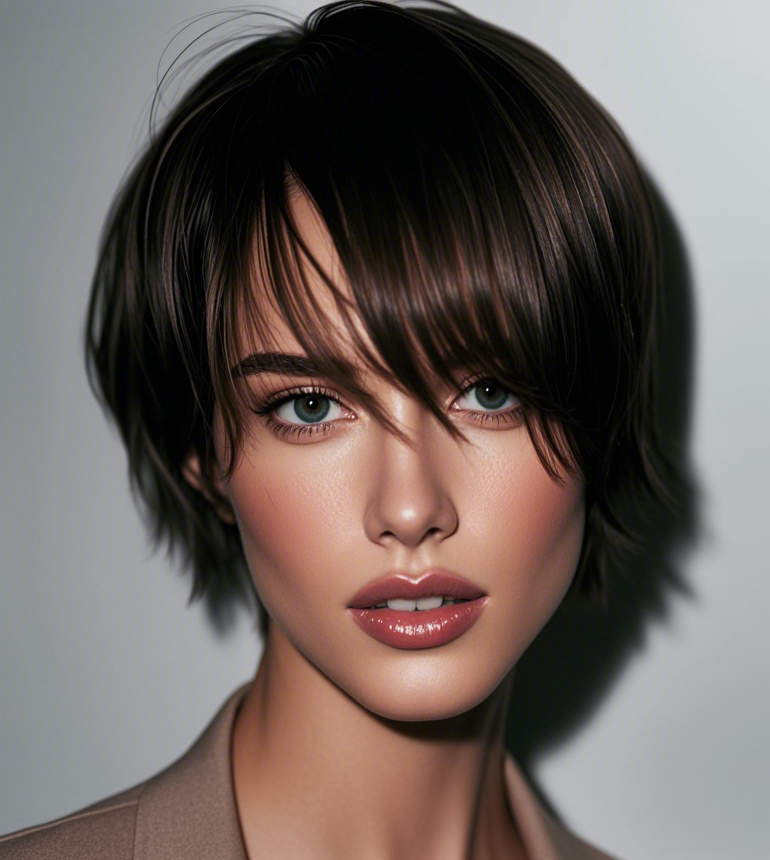 Dark - Brown Angled - Bangs Long Pixie Cut