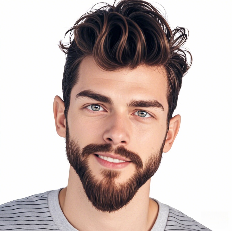 Man with a well-groomed full beard and modern hairstyle, showcasing the long goatee short mustache style