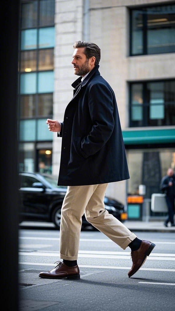 Man wearing light beige chinos with a navy pea coat in winter