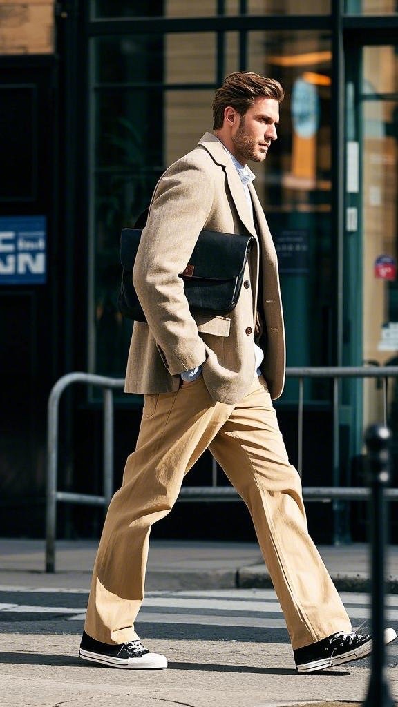 Man wearing a light brown blazer and beige chinos in winter