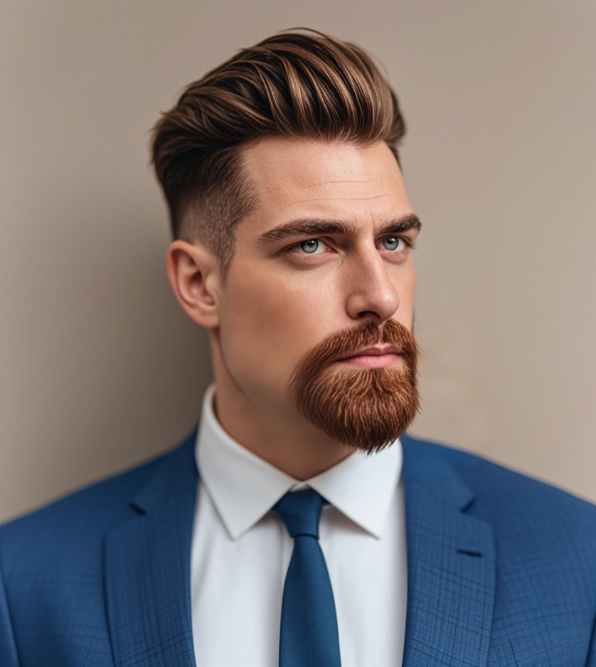 Man with a professional look, modern hairstyle, and long goatee short mustache