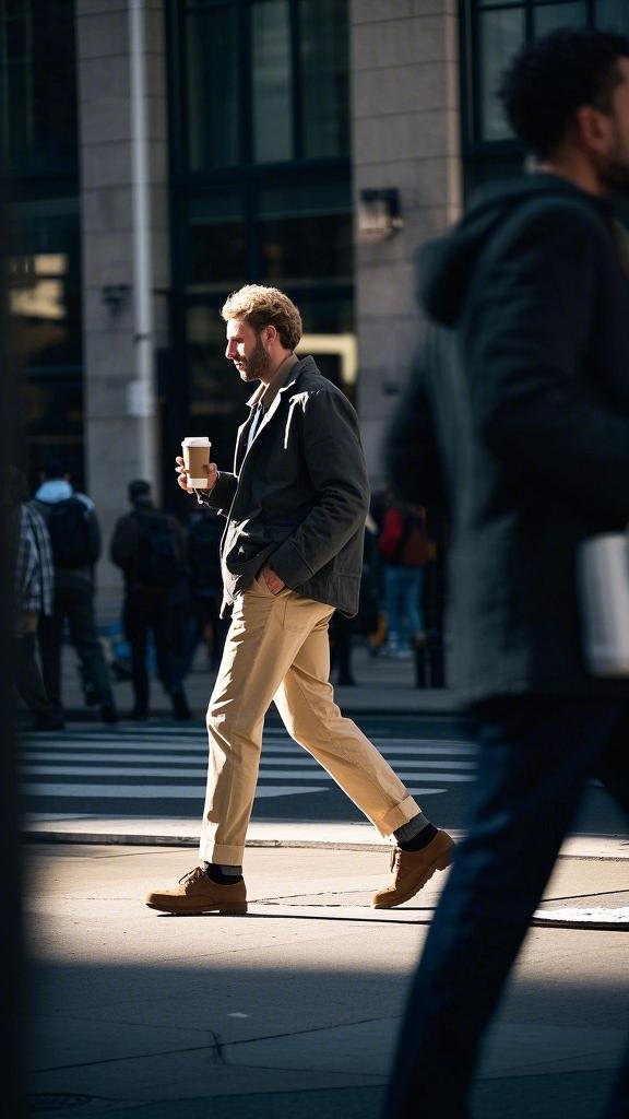 Man wearing a dark grey jacket and beige chinos in winter