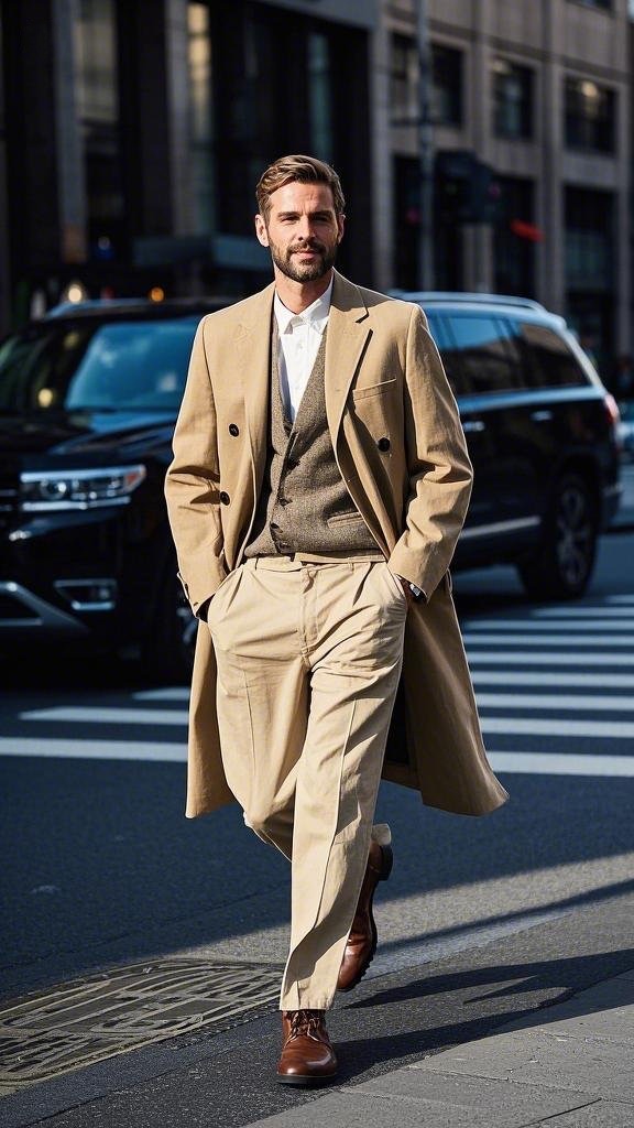 Man wearing beige chinos for formal settings in winter