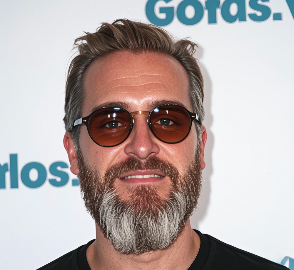 Man with sunglasses, brown and gray beard, and long goatee short mustache