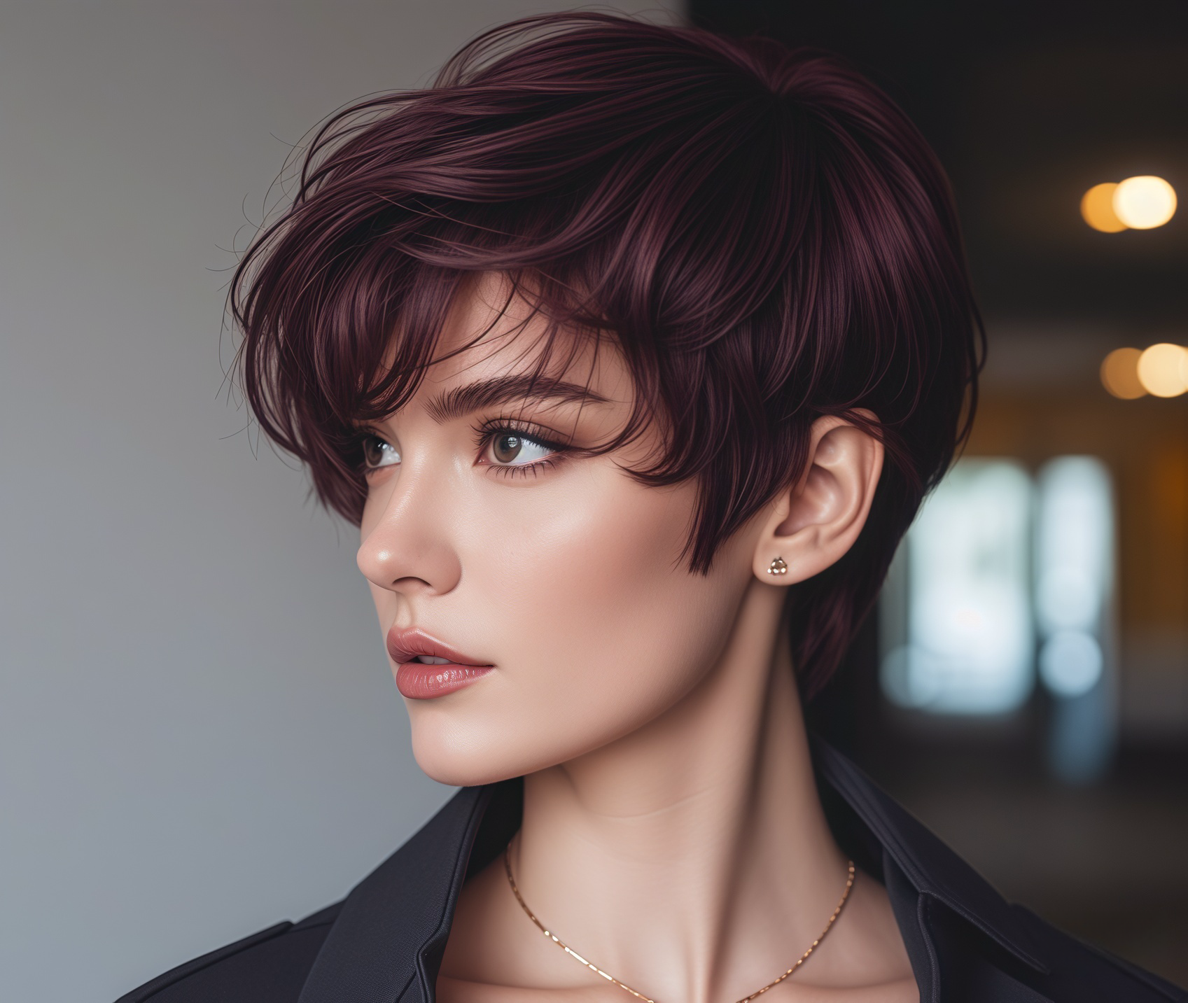 Dark Burgundy Long Pixie with Side - Swept Bangs