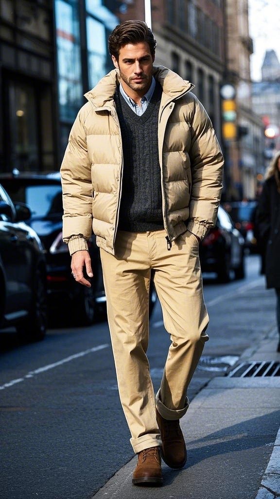 Man wearing a light beige puffer jacket and chinos in winter