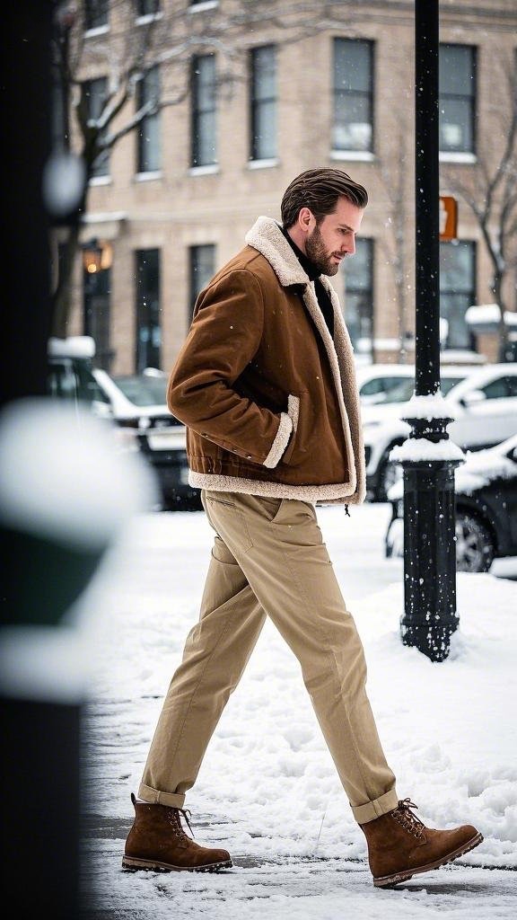 Man wearing a brown shearling jacket and light khaki chinos in winter