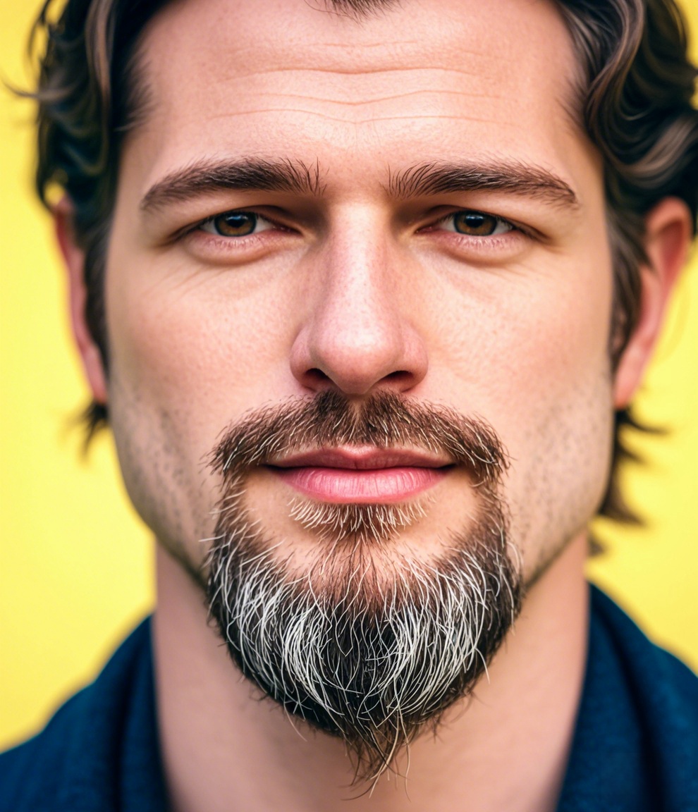 Man with striking contrast in long goatee short mustache with mixed hair colors