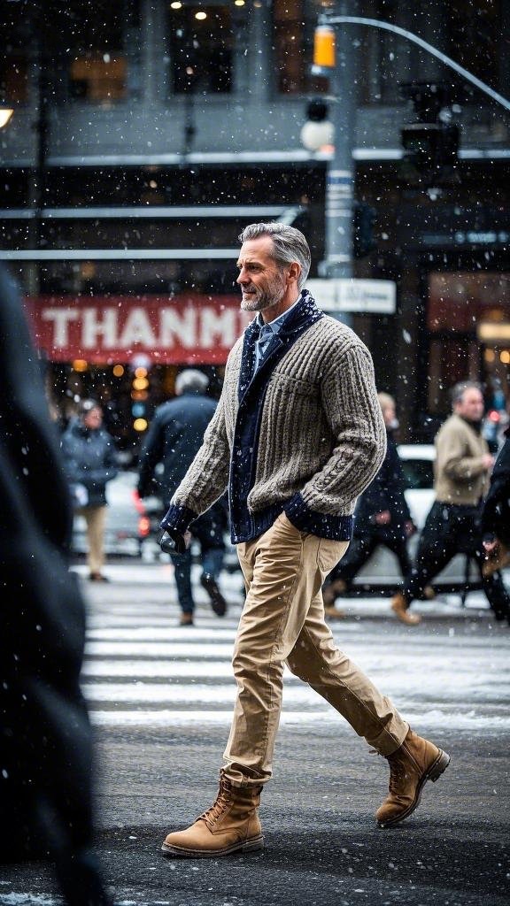Man wearing a light - brown cable - knit cardigan and khaki chinos in winter