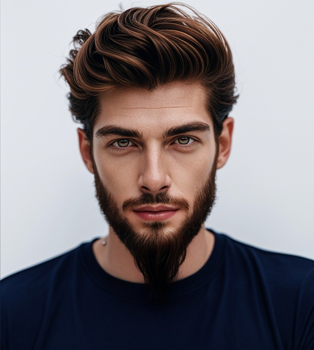 Man with a clean and polished long goatee short mustache and wavy hair