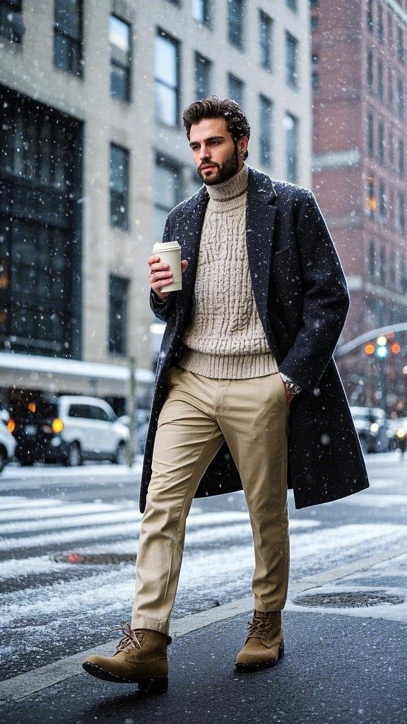 Man wearing a cream - colored turtleneck and light beige chinos in winter