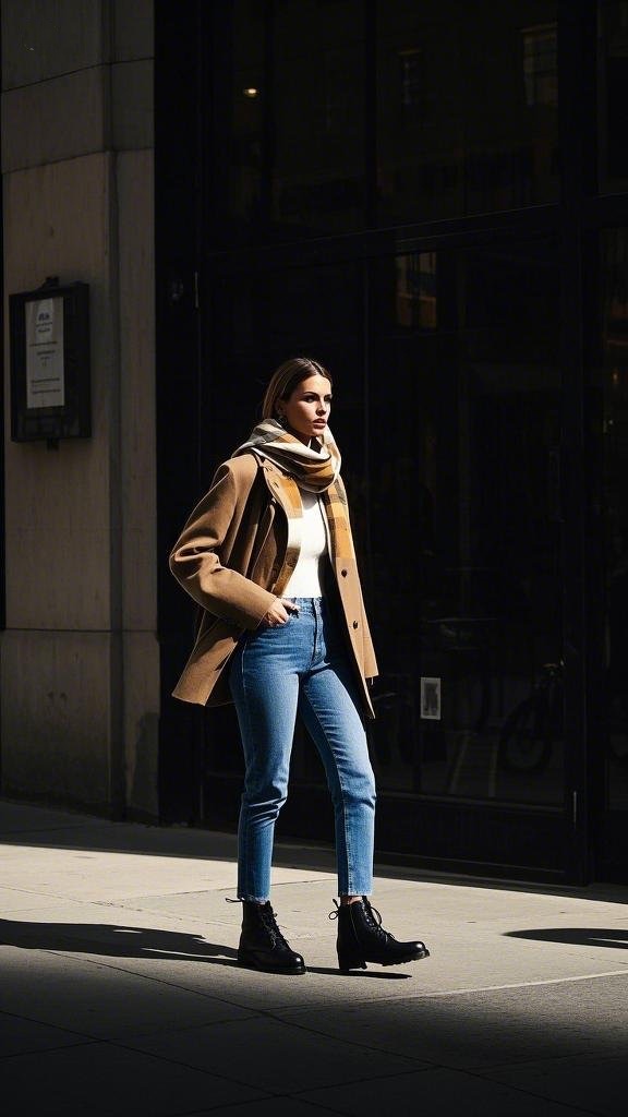 Camel Coat and Blue Skinny Jeans Look