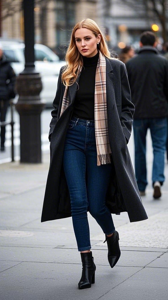 Dark Grey Coat with Slim - Fit Blue Jeans Look