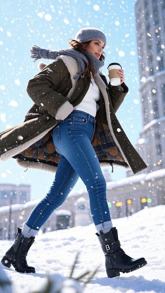 Olive Green Parka and Blue Skinny Jeans Look