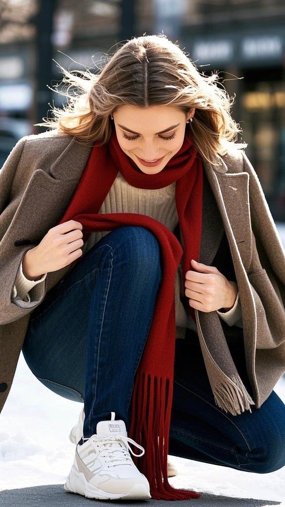 Beige Coat, Blue Jeans and White Sneakers Look