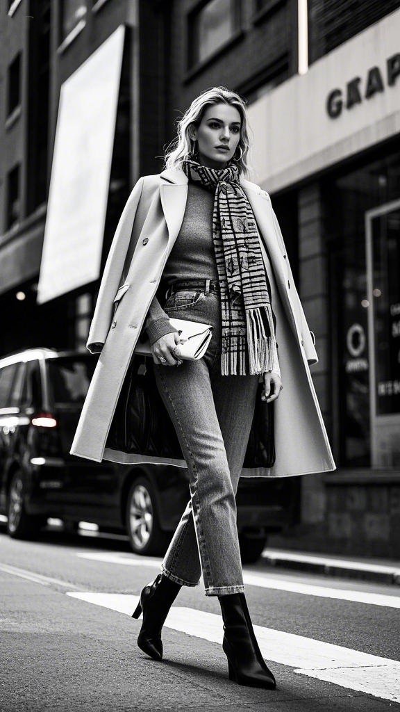 Light - Colored Knee - Length Coat with Skinny Jeans Look