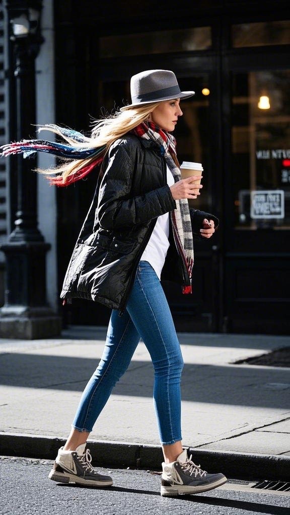 Black Puffer Jacket and Blue Skinny Jeans Look