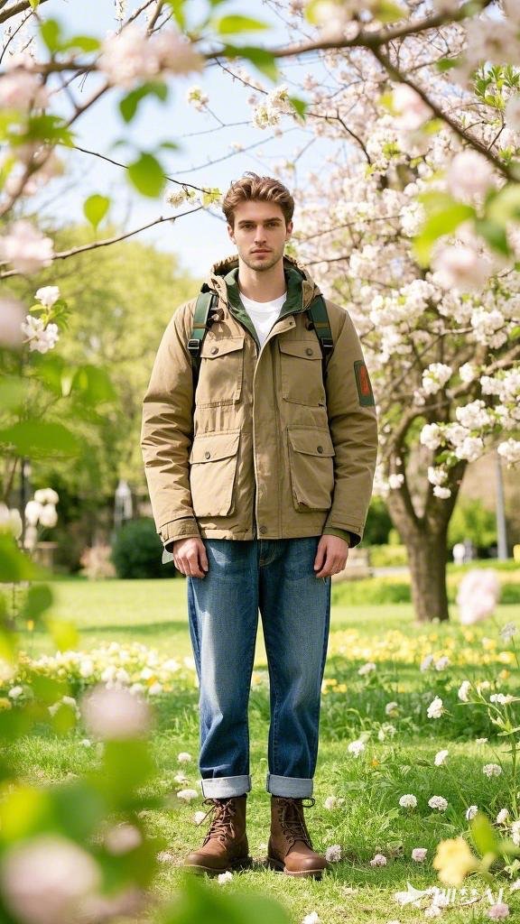 Khaki Hooded Jacket and Blue Jeans with Brown Boots